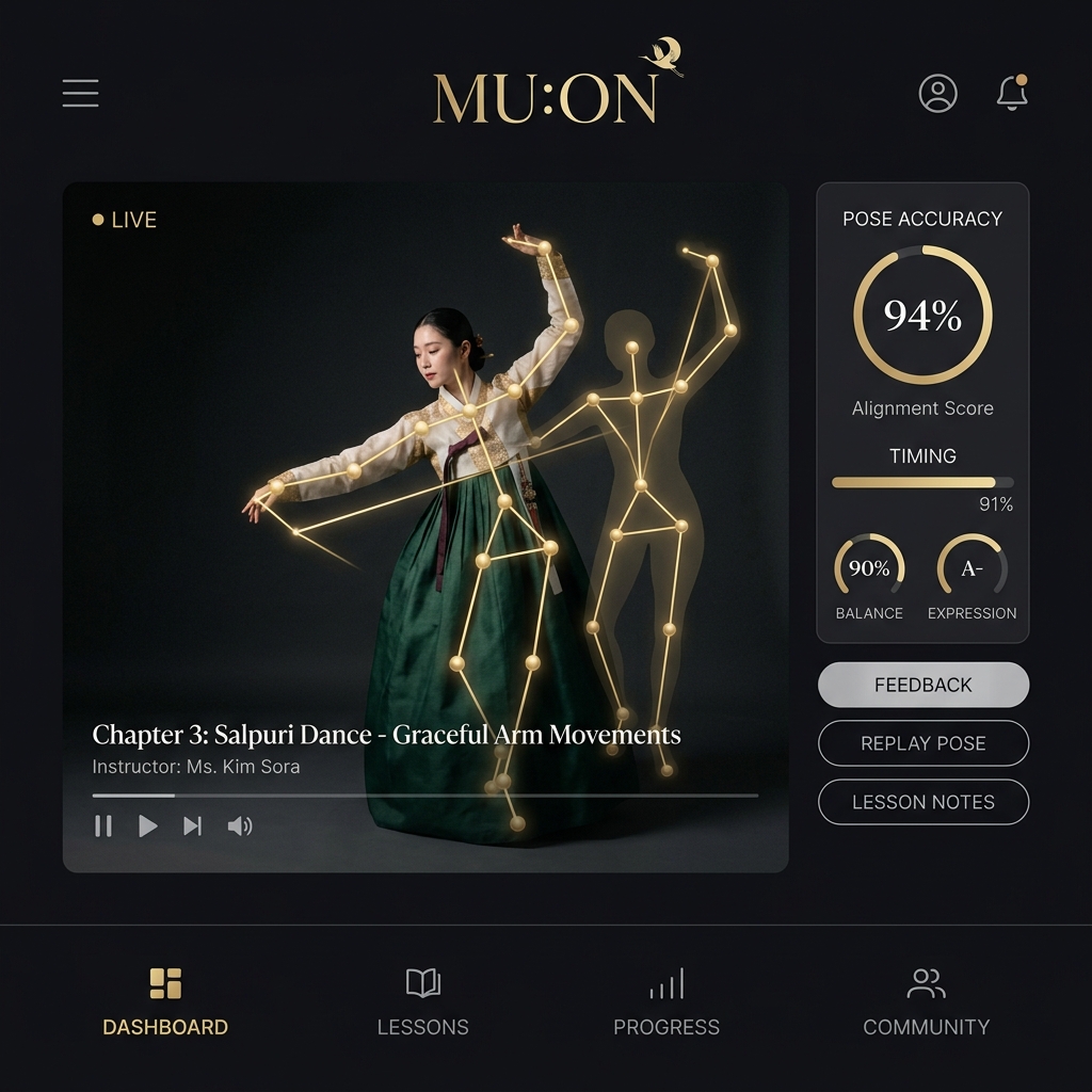 MU:ON 앱 화면 — AI 자세 실시간 피드백 및 레슨